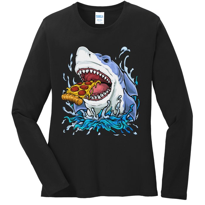 Shark Eating Pizza Ladies Long Sleeve Shirt