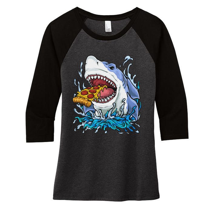 Shark Eating Pizza Women's Tri-Blend 3/4-Sleeve Raglan Shirt