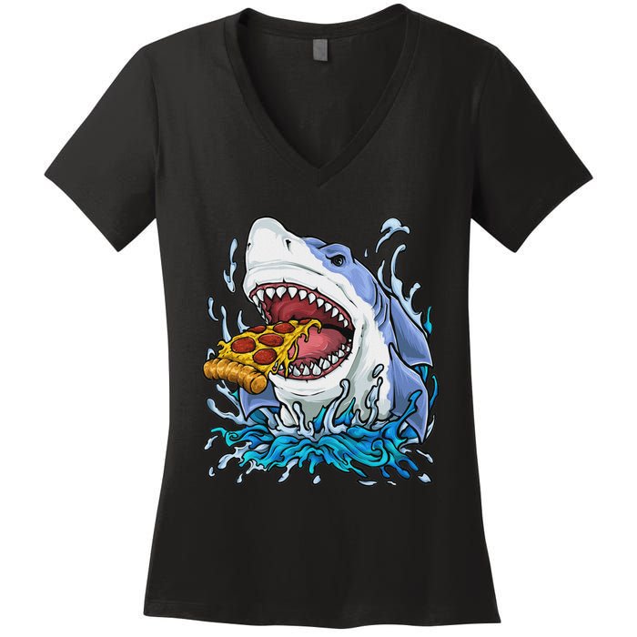 Shark Eating Pizza Women's V-Neck T-Shirt