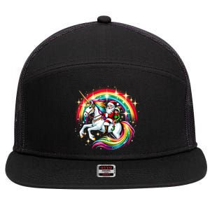 Santa Elf Riding Unicorn Rainbow Christmas Gift 7 Panel Mesh Trucker Snapback Hat