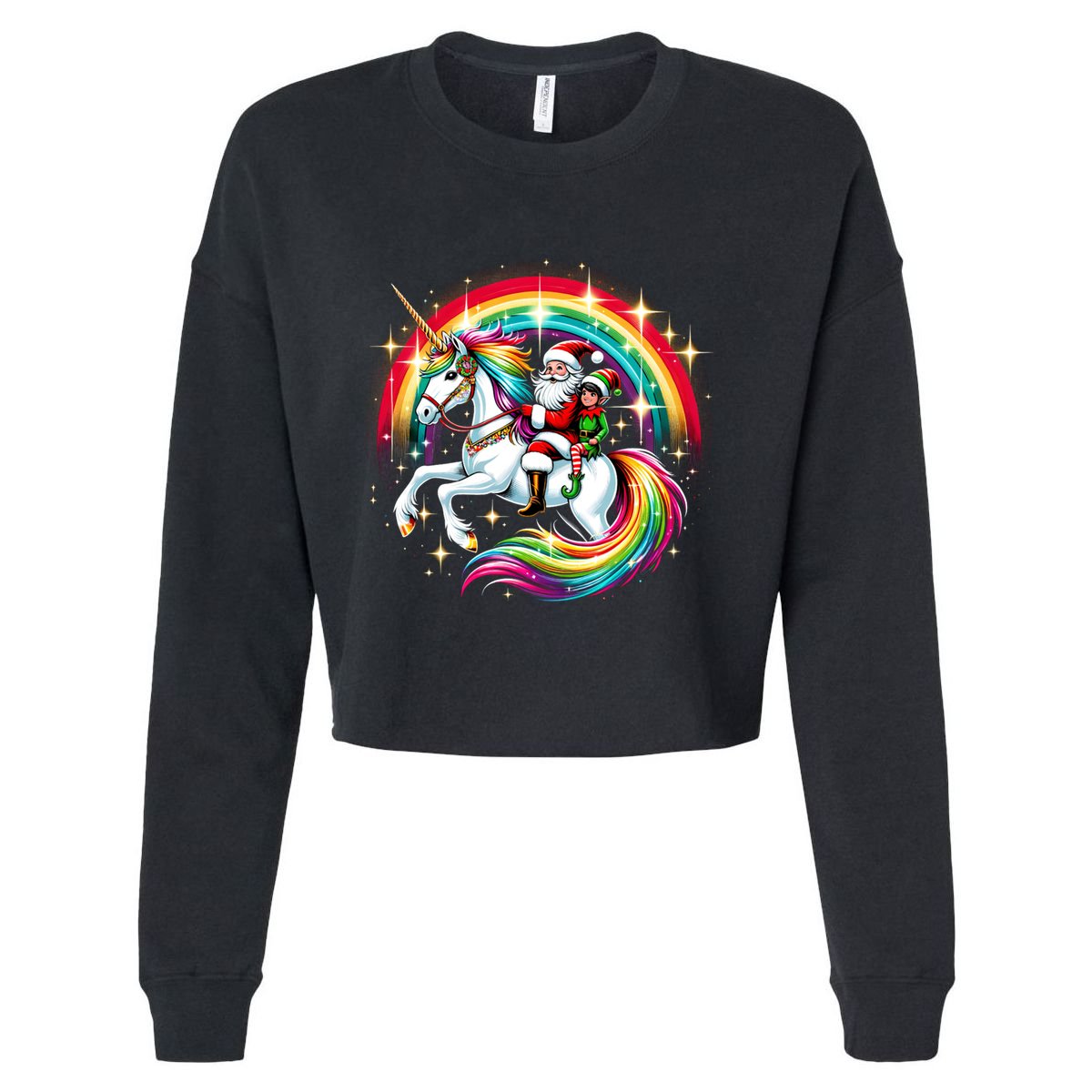 Santa Elf Riding Unicorn Rainbow Christmas Gift Cropped Pullover Crew