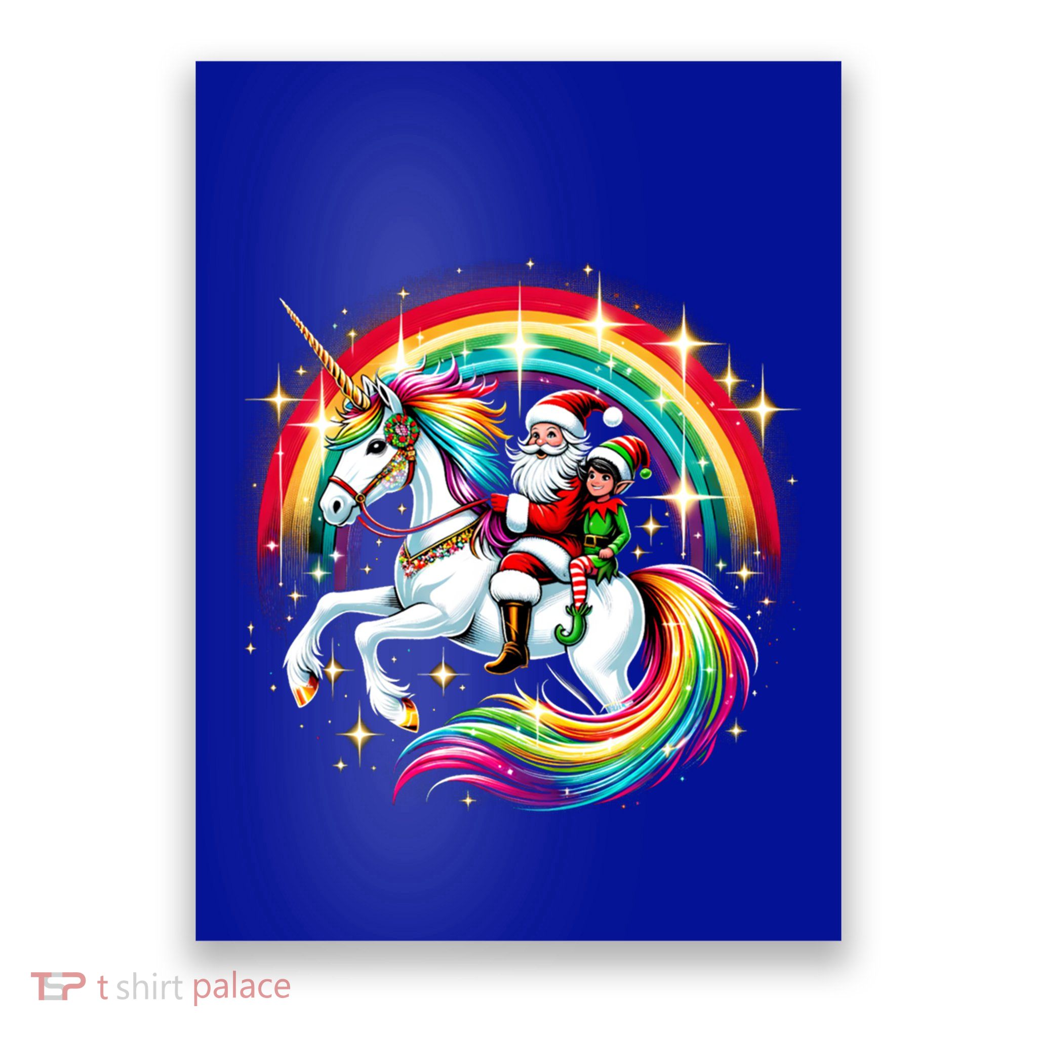 Santa Elf Riding Unicorn Rainbow Christmas Gift Poster