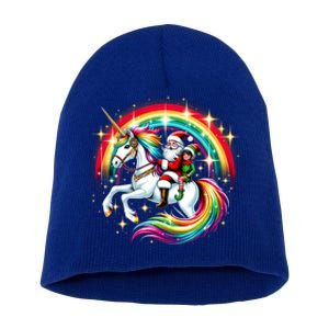 Santa Elf Riding Unicorn Rainbow Christmas Gift Short Acrylic Beanie