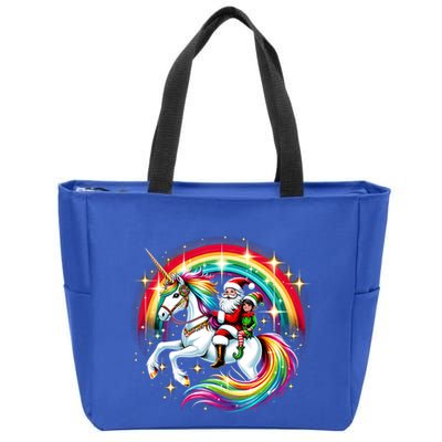Santa Elf Riding Unicorn Rainbow Christmas Gift Zip Tote Bag