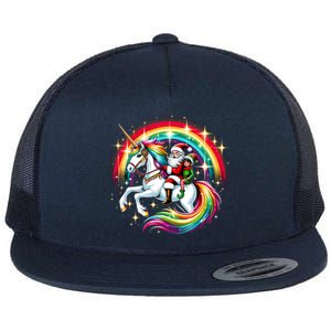 Santa Elf Riding Unicorn Rainbow Christmas Gift Flat Bill Trucker Hat