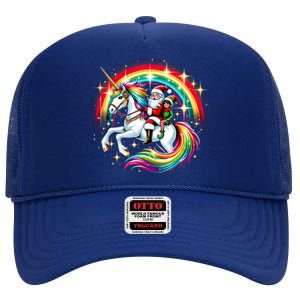 Santa Elf Riding Unicorn Rainbow Christmas Gift High Crown Mesh Back Trucker Hat