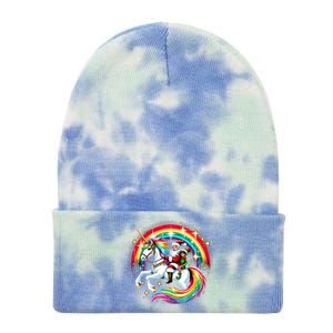 Santa Elf Riding Unicorn Rainbow Christmas Gift Tie Dye 12in Knit Beanie