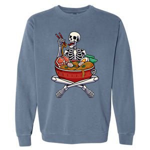 Skeleton Eating Ramen Lazy Halloween Costume Japanese Food Garment-Dyed Sweatshirt