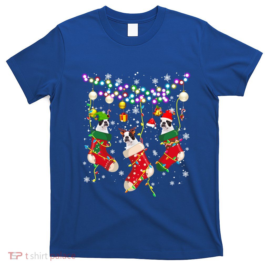 Santa Elf Reindeer Boston Terrier In Christmas Socks Dog Cute Gift T-Shirt