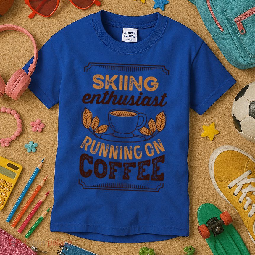 Skiing Enthusiast Running On Coffee Caffeine Lover Cool Gift Kids T-Shirt