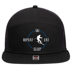 Ski Eat Sleep Repeat Gift For Skiers And Downhill Skiers Great Gift 7 Panel Mesh Trucker Snapback Hat