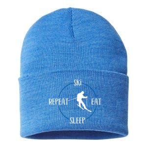 Ski Eat Sleep Repeat Gift For Skiers And Downhill Skiers Great Gift Sustainable Knit Beanie