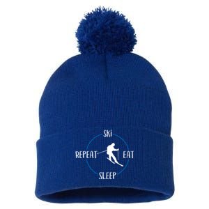 Ski Eat Sleep Repeat Gift For Skiers And Downhill Skiers Great Gift Pom Pom 12in Knit Beanie