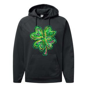 Shamrock Effect St Patricks Day Four Leaf Clover Performance Fleece Hoodie