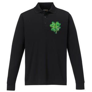 Shamrock Effect St Patricks Day Four Leaf Clover Performance Long Sleeve Polo