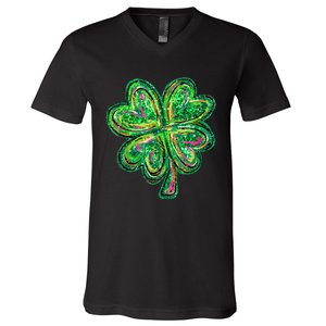 Shamrock Effect St Patricks Day Four Leaf Clover V-Neck T-Shirt