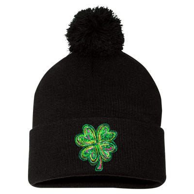 Shamrock Effect St Patricks Day Four Leaf Clover Pom Pom 12in Knit Beanie