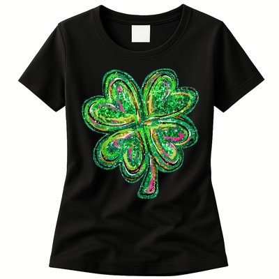 Shamrock Effect St Patricks Day Four Leaf Clover Womens T-Shirt