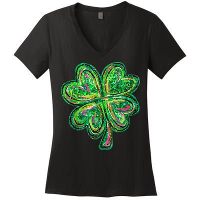 Shamrock Effect St Patricks Day Four Leaf Clover Women's V-Neck T-Shirt
