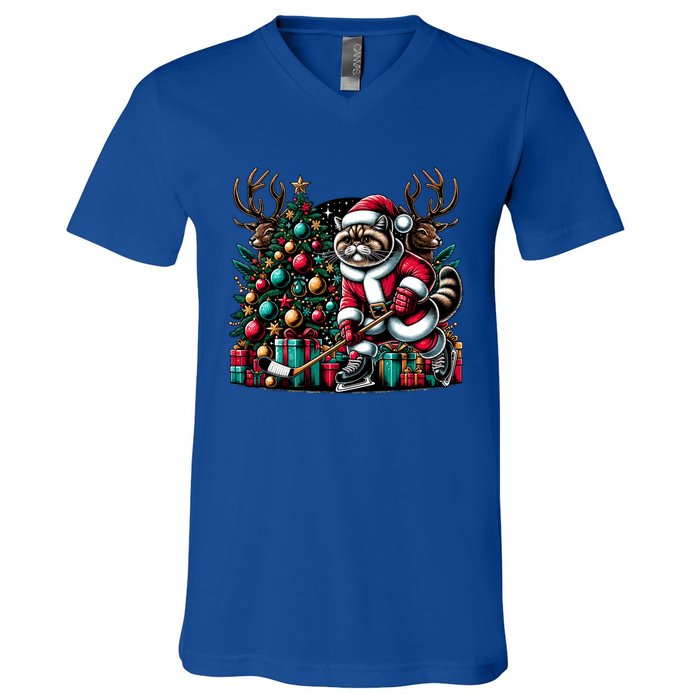 Santa Exotic Shorthair Cat Playing Hockey Christmas Gift V-Neck T-Shirt