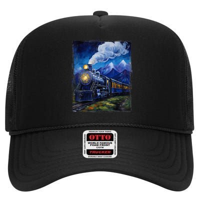 Steam Engine Steam Train Vintage Van Gogh Locomotive High Crown Mesh Back Trucker Hat