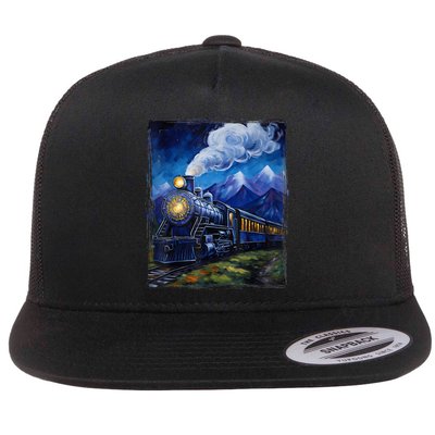 Steam Engine Steam Train Vintage Van Gogh Locomotive Flat Bill Trucker Hat