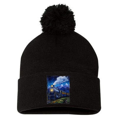 Steam Engine Steam Train Vintage Van Gogh Locomotive Pom Pom 12in Knit Beanie