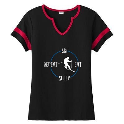 Ski Eat Sleep Repeat And Downhill Skiers Gift For Skiers Ladies Halftime Notch Neck Tee