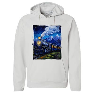 Steam Engine Steam Train Vintage Van Gogh Locomotive Performance Fleece Hoodie