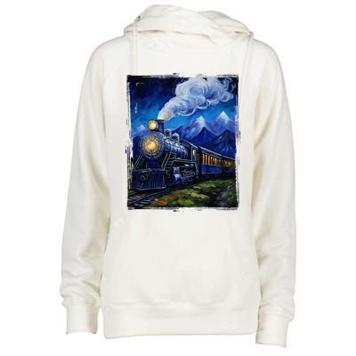 Steam Engine Steam Train Vintage Van Gogh Locomotive Womens Funnel Neck Pullover Hood