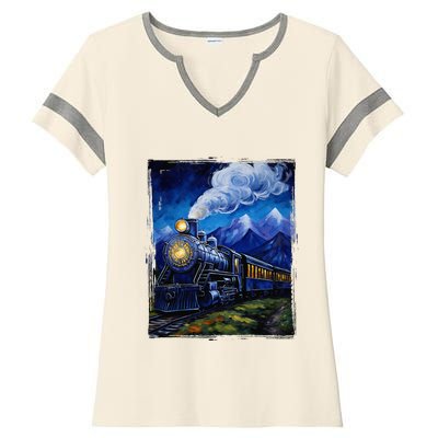 Steam Engine Steam Train Vintage Van Gogh Locomotive Ladies Halftime Notch Neck Tee