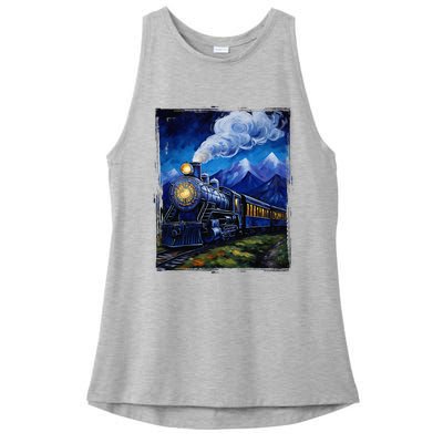 Steam Engine Steam Train Vintage Van Gogh Locomotive Ladies PosiCharge Tri-Blend Wicking Tank