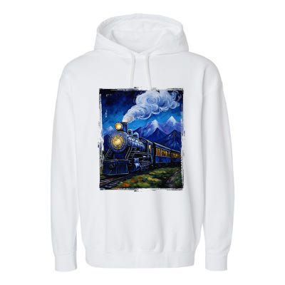 Steam Engine Steam Train Vintage Van Gogh Locomotive Garment-Dyed Fleece Hoodie