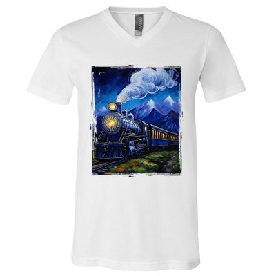 Steam Engine Steam Train Vintage Van Gogh Locomotive V-Neck T-Shirt