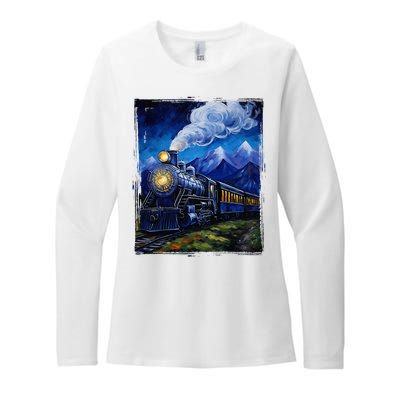 Steam Engine Steam Train Vintage Van Gogh Locomotive Womens CVC Long Sleeve Shirt