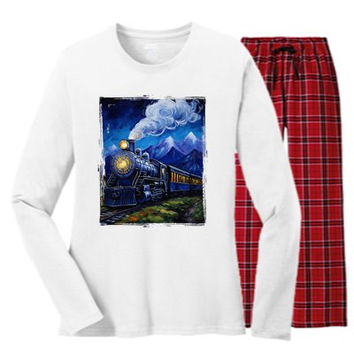 Steam Engine Steam Train Vintage Van Gogh Locomotive Women's Long Sleeve Flannel Pajama Set 