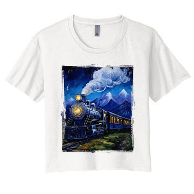 Steam Engine Steam Train Vintage Van Gogh Locomotive Women's Crop Top Tee