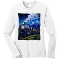 Steam Engine Steam Train Vintage Van Gogh Locomotive Ladies Long Sleeve Shirt