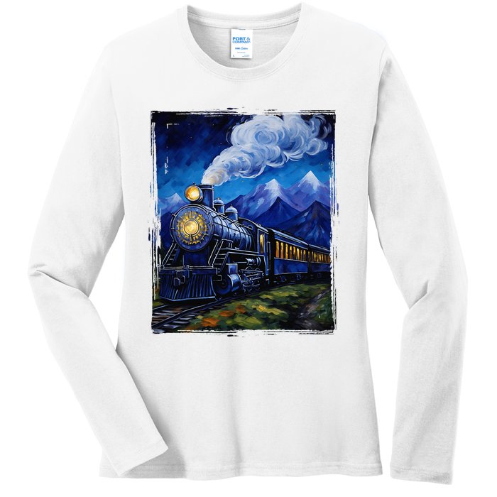 Steam Engine Steam Train Vintage Van Gogh Locomotive Ladies Long Sleeve Shirt