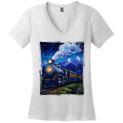 Steam Engine Steam Train Vintage Van Gogh Locomotive Women's V-Neck T-Shirt