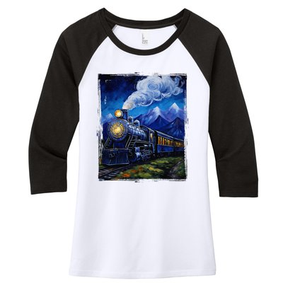 Steam Engine Steam Train Vintage Van Gogh Locomotive Women's Tri-Blend 3/4-Sleeve Raglan Shirt