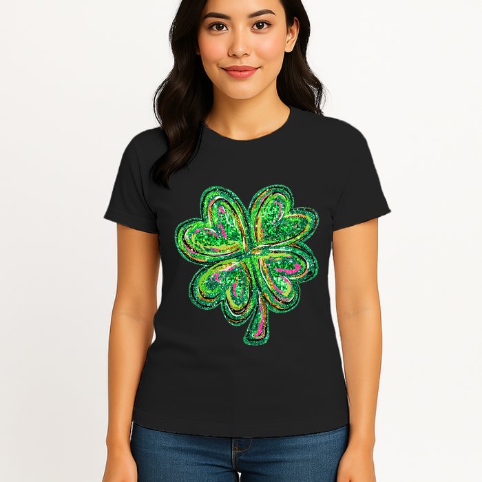 Shamrock Effect St Patricks Day Four Leaf Clover Womens T-Shirt