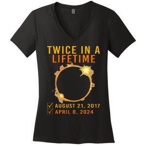 Solar Eclipse Twice In Lifetime 2024 Solar Eclipse Women's V-Neck T-Shirt