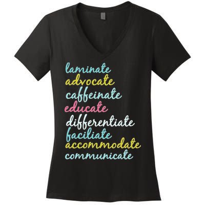 Special Education Teacher Laminate Advocate Caffeinate Women's V-Neck T-Shirt