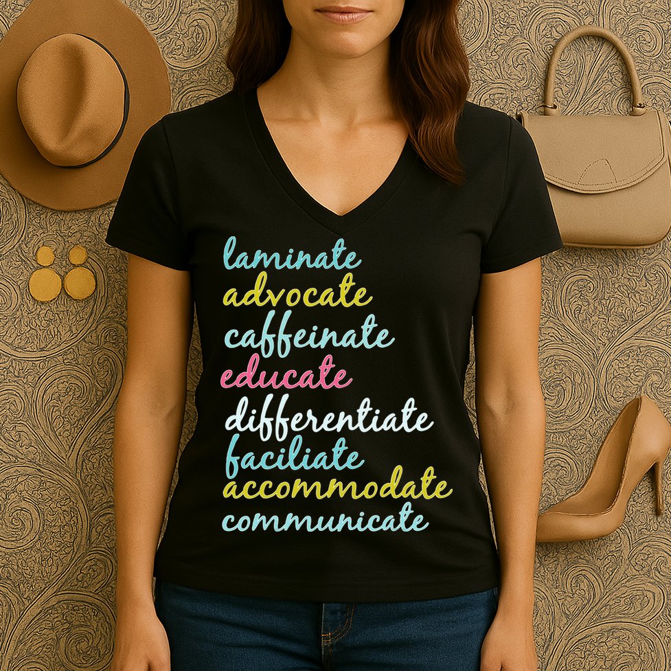 Special Education Teacher Laminate Advocate Caffeinate Women's V-Neck T-Shirt