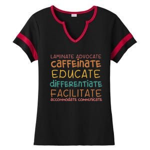 Special Education Teacher Laminate Accommodate Collaborate Ladies Halftime Notch Neck Tee