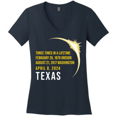 Solar Eclipse Three Times In A Lifetime 2024 Texas Women's V-Neck T-Shirt