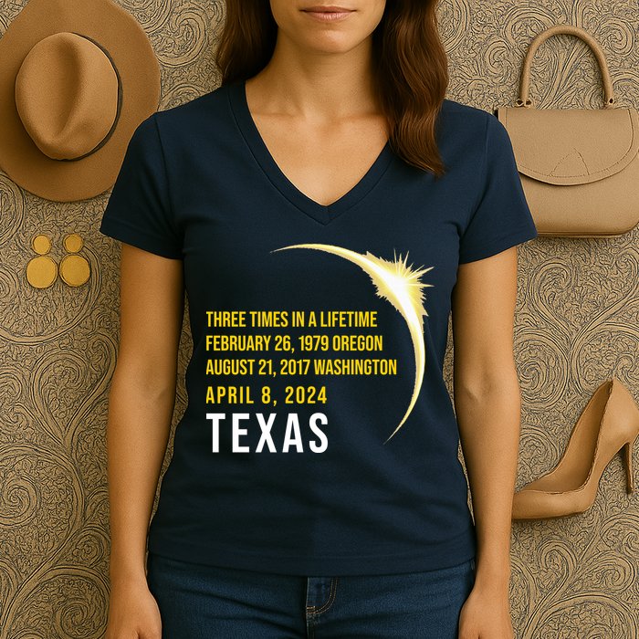 Solar Eclipse Three Times In A Lifetime 2024 Texas Women's V-Neck T-Shirt