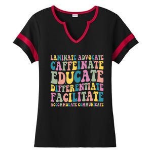 Special Education Teacher Laminate Accommodate Collaborate Ladies Halftime Notch Neck Tee