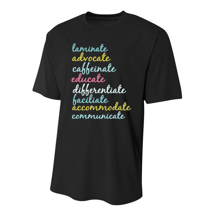 Special Education Teacher Laminate Advocate Caffeinate Youth Performance Sprint T-Shirt